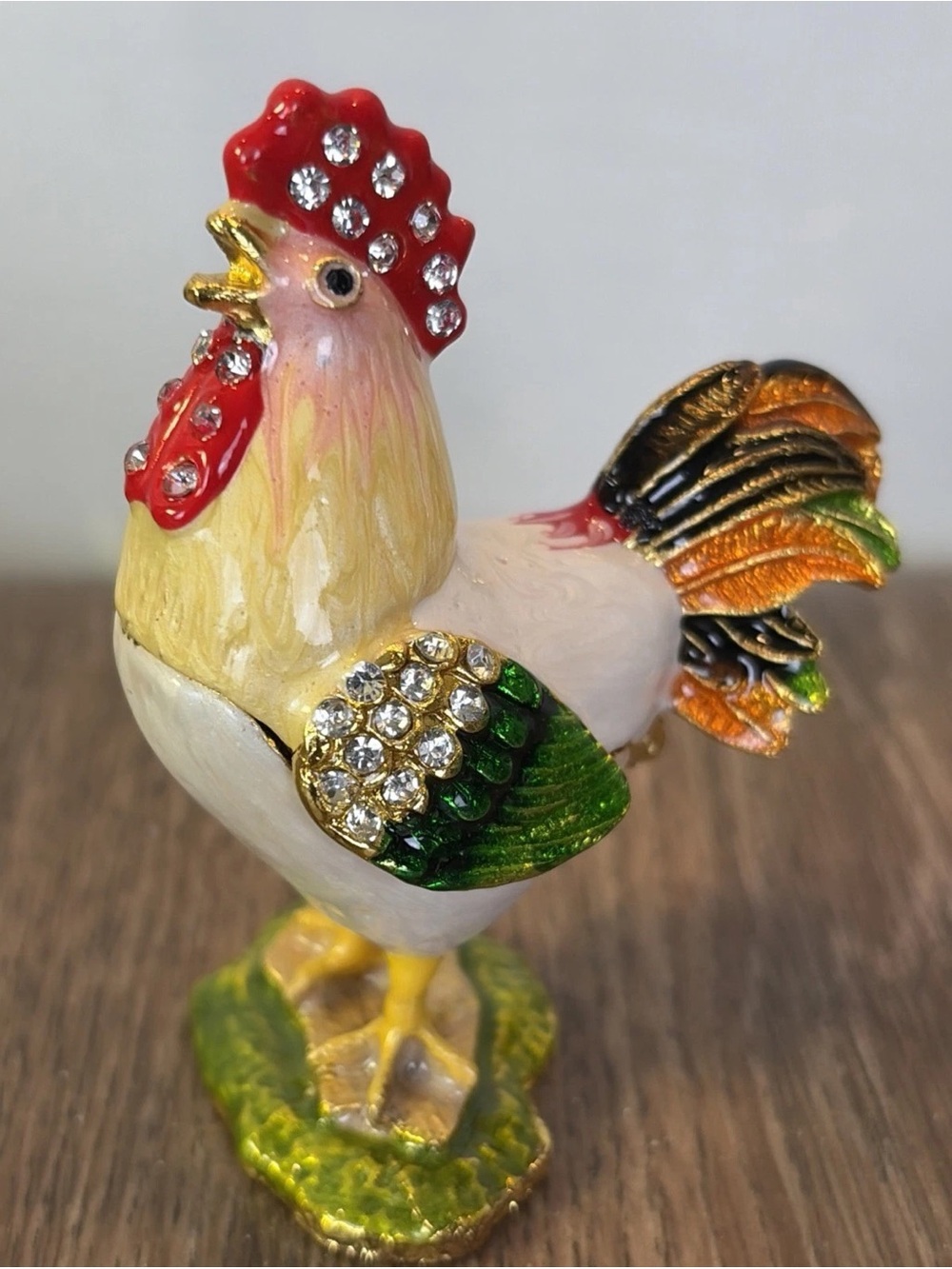 Enamel & Rhinestone Hinged Rooster Jewelry Pill Trinket Box Magnetic Bling